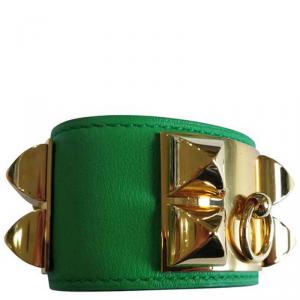 Pre Owned Hermès Collier de Chien Calfskin Green Leather Gold Plated Bracelet