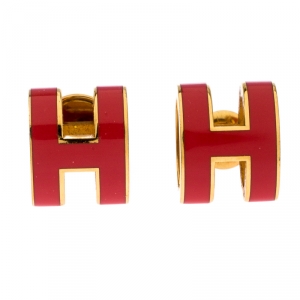 Pre Owned Hermes Pop H Pink Lacquered Gold Plated Stud Earrings
