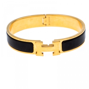 Pre Owned Hermès Clic H Black Enamel Gold Plated Narrow Bracelet GM