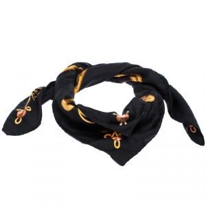 Pre Owned Hermès Black and Gold Brandebourgs Silk Twill Scarf