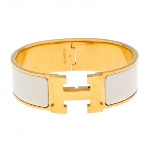 Pre Owned Hermes Clic Clac H White Enamel Gold Plated Wide Bracelet GM