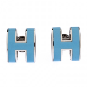 Pre Owned Hermes Pop H Blue Lacquered Palladium Plated Stud Earrings