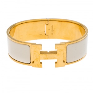Pre Owned Hermes Clic Clac H White Enamel Gold Plated Wide Bracelet GM