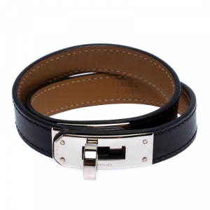 Pre Owned Hermes Kelly Double Tour Black Leather Palladium Plated Wrap Bracelet M