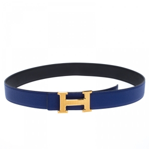 Pre Owned Hermes Black/Electric Blue Swift and Epsom Leather Guillochee Finish H Buckle Belt Size 85CM