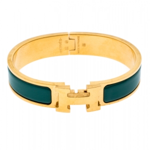 Pre Owned Hermès Clic H Malachite Green Enamel Gold Plated Narrow Bracelet PM