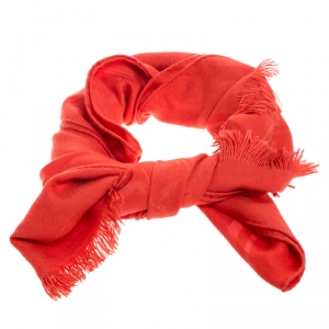 Pre Owned Hermes Orange Silk Cashmere Blend Fringed Scarf