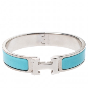 Pre Owned Hermès Clic H Teal Blue Enamel Palladium Plated Narrow Bracelet PM
