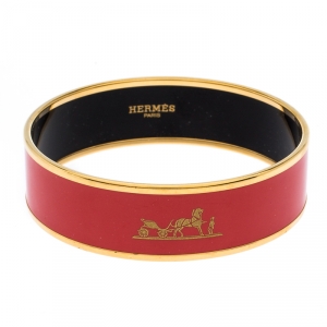 Pre Owned Hermès Rouge Casaque Enamel Calèche Wide Bangle Bracelet