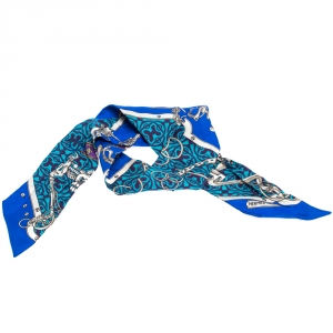 Pre Owned Hermès Blue Equestrian Print Silk Twilly Scarf