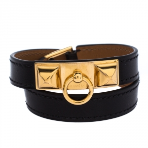Pre Owned Hermes Rivale Black Leather Gold Plated Double Tour Bracelet XS