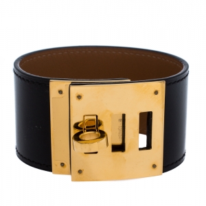 Pre Owned Hermes Kelly Dog Black Leather Yellow Gold Plated Wide Bracelet
