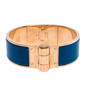 Pre Owned Hermes Blue Enamel Gold Plated Hinged Cuff Bracelet