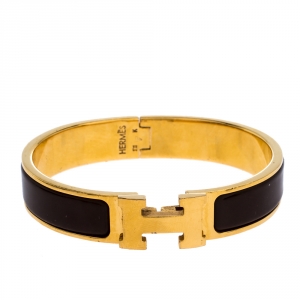 Pre Owned Hermes Clic H Brown Enamel Gold Plated Narrow Bracelet PM