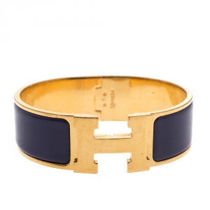 Pre Owned Hermès Clic Clac H Iris Purple Gold Plated Wide Bracelet GM