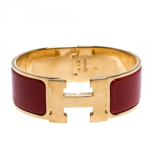 Pre Owned Hermès Clic Clac H Rouge Amarante Gold Plated Wide Bracelet PM