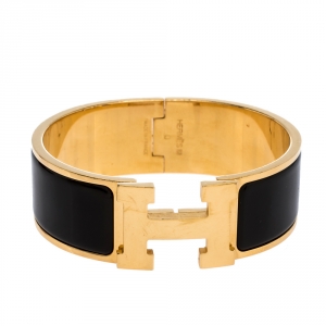Pre Owned Hermes Clic Clac H Black Enamel Gold Plated Wide Bracelet PM