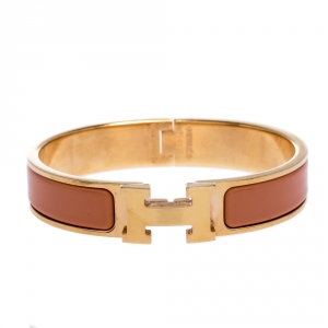 Pre Owned Hermes Clic H Peach Pink Enamel Gold Plated Narrow Bracelet PM