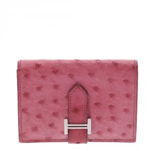 Pre Owned Hermes Pink Ostrich Leather Bearn Card Holder