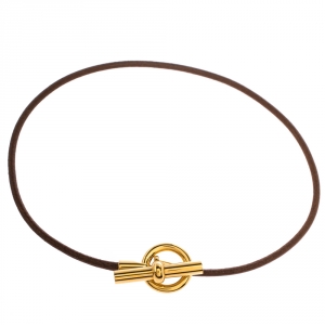 Pre Owned Hermes Glenan Brown Leather Gold Tone Toggle Choker Necklace