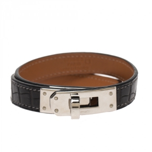 Pre Owned Hermes Kelly Double Tour Black Exotic Leather Palladium Plated Bracelet S