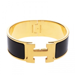 Pre Owned Hermes Clic Clac H Black Enamel Gold Plated Wide Bracelet PM