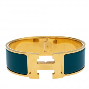 Pre Owned Hermes Clic Clac H Blue Enamel Gold Plated Wide Bracelet GM