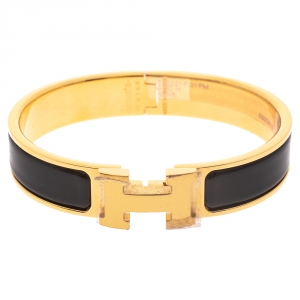 Pre Owned Hermes Clic H Black Enamel Gold Plated Narrow Bracelet PM