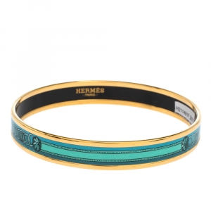 Pre Owned Hermes Turquoise Printed Enamel Gold Plated Narrow Bangle Bracelet 
