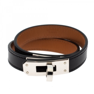 Pre Owned Hermes Kelly Black Leather Palladium Plated Double Tour Bracelet S