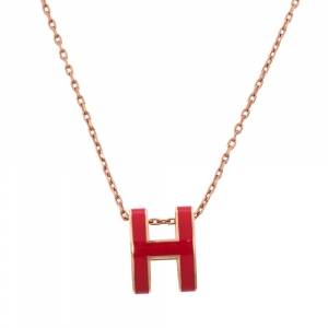 Pre Owned Hermès Pop H Rouge Corail Lacquered Rose Gold Plated Pendant Necklace