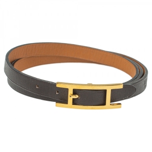 Pre Owned Hermes Hapi 3 Brown Leather Gold Plated Wrap Bracelet