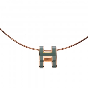 Pre Owned Hermès Pop H Teal Lacquered Gold Plated Pendant Necklace