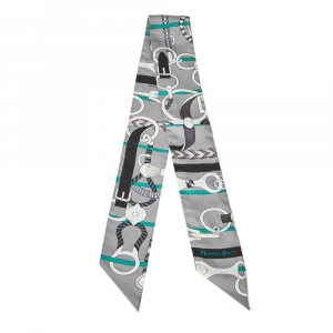 Pre Owned Hermes Grey Panoplie Equestre Silk Twilly