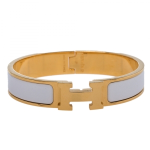 Pre Owned Hermes Clic H White Enamel Gold Plated Narrow Bracelet PM