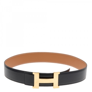 Pre Owned Hermès Noir/Gold Box Calf Leather Constance Reversible Belt 85CM