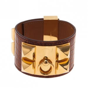 Pre Owned Hermes Collier de Chien Brown Alligator Cuff Bracelet L