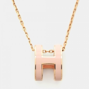 Pre Owned Hermès Pop H Pink Enamel Gold Tone Pendant Necklace