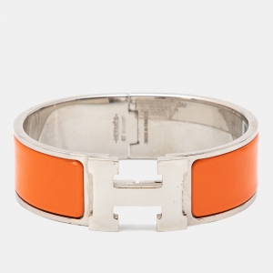 Pre Owned Hermès Clic Clac H Orange Enamel Palladium Plated Wide Bracelet
