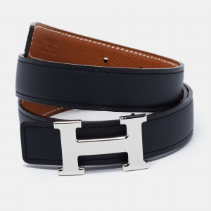 Pre Owned Hermes Black Epsom and Swift Leather H Buckle Belt 75CM