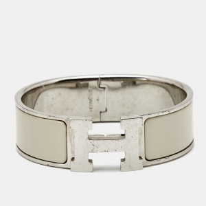 Pre Owned Hermes Clic Clac H Enamel Palladium Plated Wide Bracelet