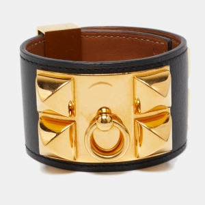 Pre Owned Hermes Collier de Chien Leather Gold Tone Wide Bracelet 
