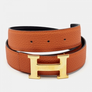 Pre Owned Hermes Orange/Black Togo and Box Leather Gold Finish Reversible H Buckle Belt 80CM
