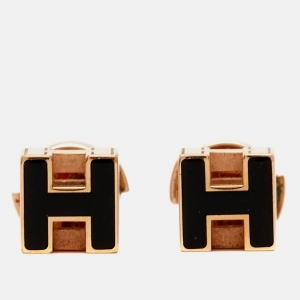 Pre Owned Hermes Cage d'H Enamel Gold Plated Stud Earrings