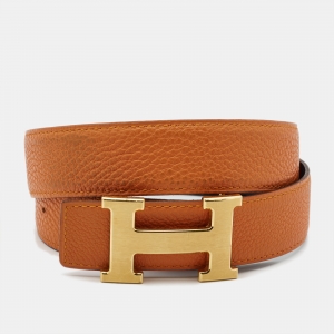 مملوكة مسبقًا Hermes Orange/Black Togo and Box Leather H Buckle Reversible Belt 75CM