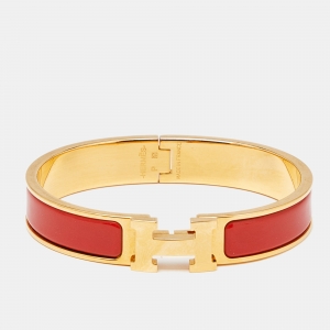 Pre Owned Hermes Clic H Red Enamel Gold Plated Narrow Bracelet
