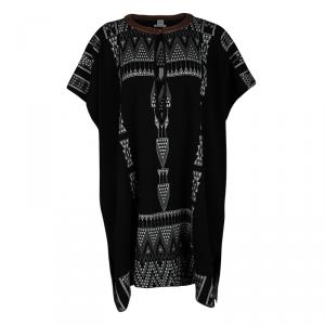 Hermes Black Aztec Pattern Cashmere and Wool Leather Trim Oversized Tunic S 