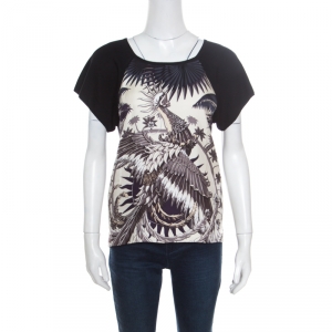 Hermes Black and Beige Printed Silk Front Raglan Sleeve Wool Top M
