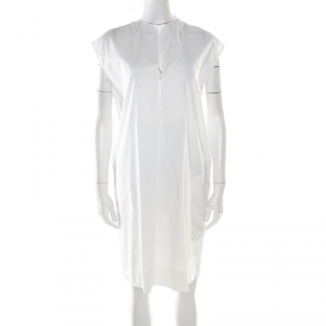 Hermes Off White Cotton Embroidered Pocket Detail Sleeveless Tunic Dress M