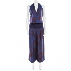 Hermes Dark Blue Pavois Flag Print Silk Halter Top and Trousers Set M